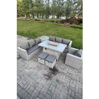 Fimous Rattan Fire Pit Garden Furniture Dining Table Set Gas Heater Burner Lounge Sofa Side Coffee Table in Light Grey
