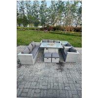 Fimous Rattan Fire Pit Set Gas Heater Burner Lounge Sofa Dining Set Coffee Table Chairs Stool in Light Grey