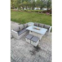 Fimous Rattan FirePit Garden Furniture Set Gas Heater Burner Lounge Sofa Dining Table Side Coffee Table in Light Grey