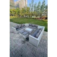 Fimous Outdoor Rattan Garden Furniture Set Lounge Sofa Set 2 Coffee Table 2 Footstools in Light Grey