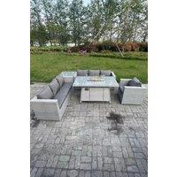 Fimous Corner Rattan FirePit Garden Furniture Set Gas Heater Burner Lounge Sofa With Side Coffee Table in Light Grey