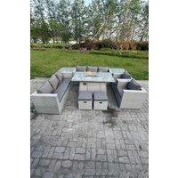 Fimous Rattan Fire Pit Garden Furniture Gas Heater Burner Lounge Sofa Dining Set Coffee Table Chairs Stool in Light Grey