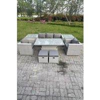 Fimous Rattan Garden Funiture Set Adjustable Rising Lifting Table Sofa Dining Set 2 Side Table Stools in Light Grey