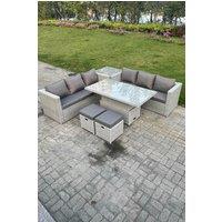 Fimous Rattan Garden Funiture Set Height Adjustable Rising Lifting Table Sofa Dining Set With Side Table Stool in Light Grey