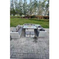 Fimous Rattan Fire Pit Garden Furniture Set Gas Heater Burner Lounge Sofa Dining Set Coffee Table Chairs in Light Grey