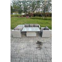 Fimous Rattan Garden Funiture Set Height Adjustable Rising Lifting Table Loung Sofa Dining Set With 2 Arm Chair in Light Grey
