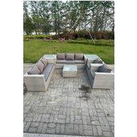 Fimous Outdoor PE Rattan Garden Furniture Set Wicker Sofa Set Square Coffee Table Armchair Side Table in Light Grey