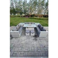 Fimous Light Grey U Shape Lounge Sofa Dining Set With Gas Fire Pit Heater Burner Side Tea Table Stools