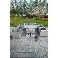 Fimous Rattan Fire Pit Dining Set Set Gas Heater Burner Lounge Sofa Dining Set Chairs Stools in Light Grey