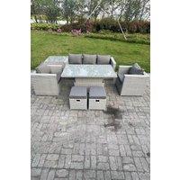 Fimous Rattan Garden Funiture Set Adjustable Rising Lifting Table Sofa Dining Set With 2 Arm Chair in Light Grey