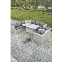 Fimous Rattan Garden Funiture Set Height Adjustable Rising Lifting Table Sofa Dining Set Lounge Sofa in Light Grey