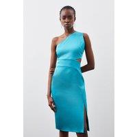 Italian Structured Satin Tailored Asymmetric Pencil Midi Dress