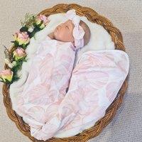 Minky Myles Girl's Newborn Baby Pink Floral Blanket With Headband Swaddle Set in White | Size: 0-12 m
