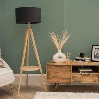 ValueLights Morrigan Natural Wood Tripod Floor Lamp with Fabric Drum Lamp Shade in Black