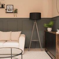 ValueLights Morrigan Grey Wood Tripod Floor Lamp with Fabric Drum Lamp Shade in Black