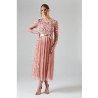 Embroidered Floral Pleated Midi Bridesmaid Dress