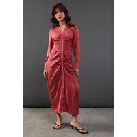 Warehouse Women's Satin Ruched Front Midi Shirt Dress in Hot Pink | Size: 8