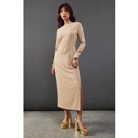 Warehouse Women's Jersey Jacquard Slash Neck Scoop Back Midi Dress in Taupe | Size: 14