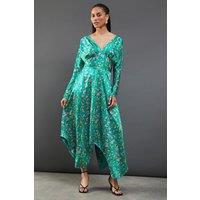 Warehouse Women's Floral Satin Batwing Waisted Hanky Hem Midi Dress in Green | Size: 10