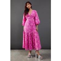 Warehouse Women's Burnout Chiffon Plunge Neck Ruched Bodice Peplum Midi Dress in Pink | Size: 8