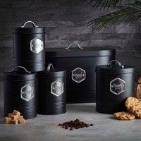 Cooks Professional 5 Piece Bread Biscuit Tea Coffee Sugar Storage Set with Silver Labels in Black