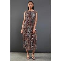 Warehouse Women's Printed Plisse Shoulder Pad Sleeveless Midi Dress in Animal | Size: 10