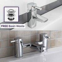 Nes Home Newport Square Basin Sink Mono Mixer Tap & Bath Filler Tap with Waste in Silver