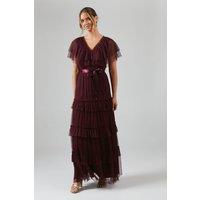 V Neck Tiered Mesh Maxi Bridesmaid Dress