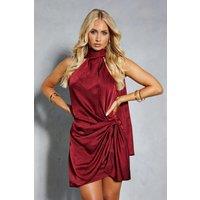 MissPap Women's Textured Satin Scarf Detail Ruched Wrap Mini Dress in Berry | Size: 8
