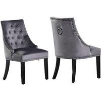 Life Interiors Set of 2 Velvet Dining Chairs Scoop Knockerback & Button Tufted, Solid Wood Legs in Dark Grey