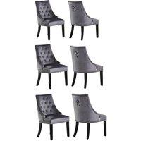 Life Interiors Set of 6 Velvet Dining Chairs Scoop Knockerback & Button Tufted, Solid Wood Legs in Dark Grey