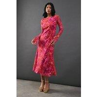 Warehouse Women's Burnout Floral Chiffon Slash Neck Bias Midi Dress in Pink | Size: 10