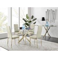 FurnitureboxUK Novara 100cm Round Tempered Glass Dining Table with Gold Legs & 4 Milan Velvet Chairs in Cream