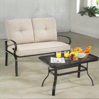 FURNOS 2 Seater Outdoor Bench With Padded Cushions & Table in Cream
