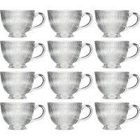 Dibor Set of 12 Embossed Footed Glass Coffee Mug Clear Tea Cups 400ml | Size: 12 Pack