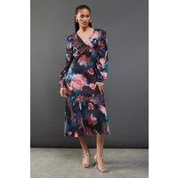 Warehouse Women's Metallic Shadow Stripe Gathered Sleeve Plunge Neck Maxi Dress in Floral | Size: 10