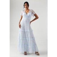 Oasis Women's Delicate Lace Trim Insert Tiered Maxi Bridesmaid Dress in Light Blue | Size: 10