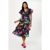 Printed Puff Sleeve Tiered Midi Wedding Guest Dress