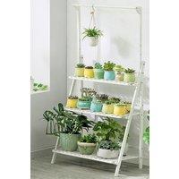3-Tier Foldable Wooden Ladder Shelf with Hanging Rod