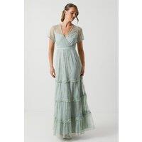 Oasis Women's Delicate Lace Trim Insert Tiered Maxi Bridesmaid Dress in Sage | Size: 10