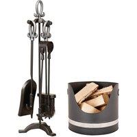 Dibor PEWTER Handled Free Standing Companion Set with Black & Nickel Log Bucket in Silver