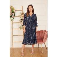 Yumi Women's Navy Foil Printed Pleated Wrap Midi Dress | Size: 10