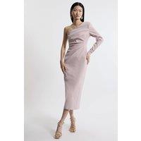 Stretch Crepe Tailored One Shoulder Ruched Waist Midi Dress