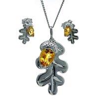 Ojewellery Women's Citrine Oak Leaf Necklace Stud Earring Set in Yellow | Size: 18 inches