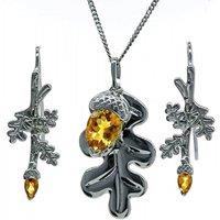 Ojewellery Women's Citrine Oak Leaf Necklace Dangle Earring Set in Yellow | Size: 18 inches