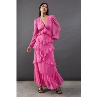 Chiffon Plunge Neck Ruffle Detail Volume Sleeve Maxi Dress