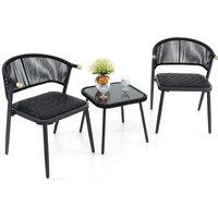 Costway 3 Piece Outdoor Wicker Furniture Set Rattan Chairs w/ Tempered Glass Coffee Table in Black