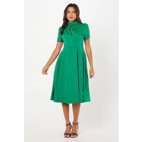 High Neck Stretch Crepe Full Skirt Midi Wedding Guest Dress