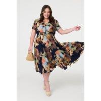 Izabel London Women's Floral Print Short Sleeve Midi Dress in Blue | Size: 12
