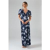 Midnight Bloom Printed Satin Twist Front Angel Sleeve Maxi Bridesmaid Dress